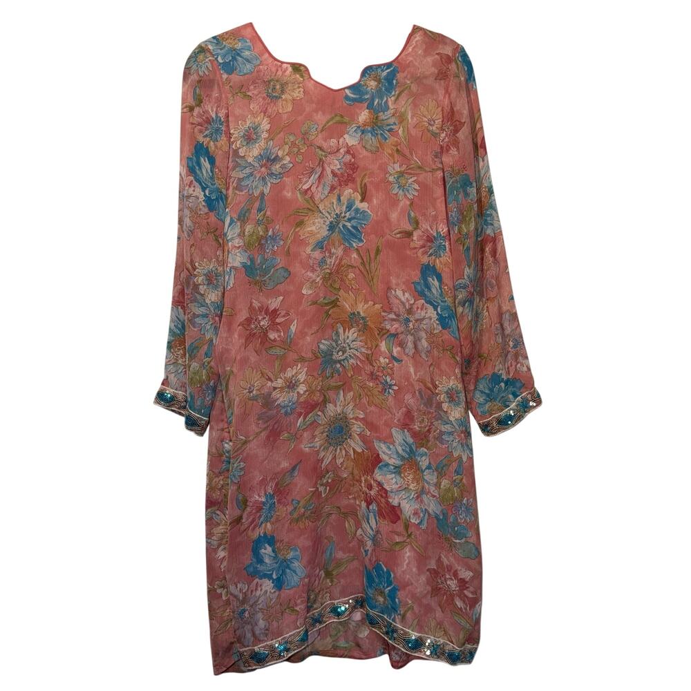 Vintage Floral Silk Long Sleeve Dress with Intricate Beading – No Size‎ Tag